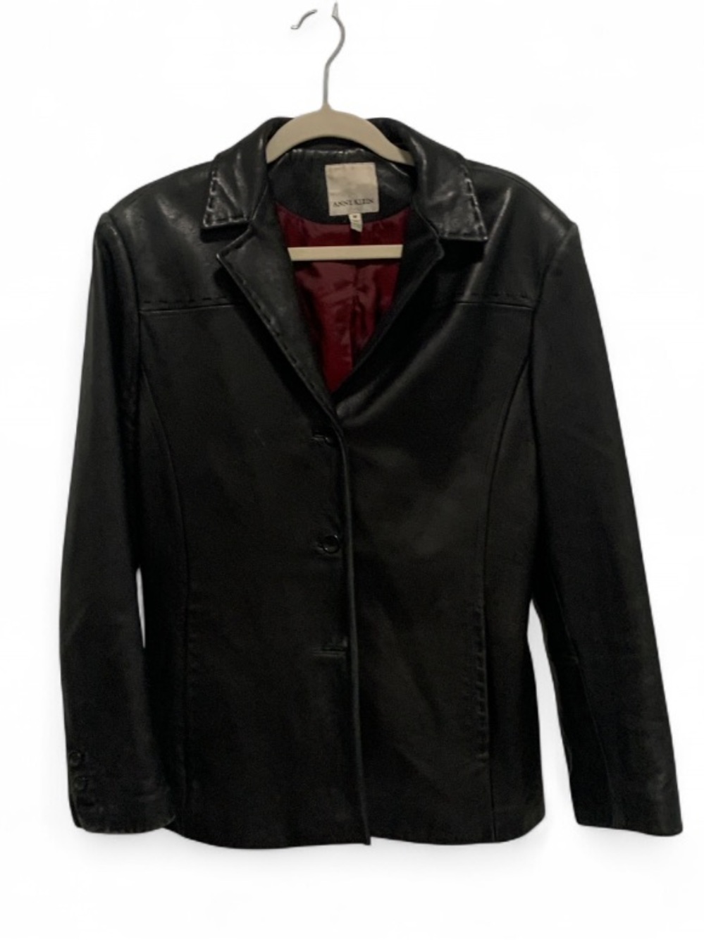 Y2K Anne Klein Black Leather Button-Front Jacket with Burgundy Lining